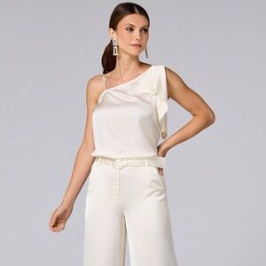 Caché | Cream silk one-shoulder blouse